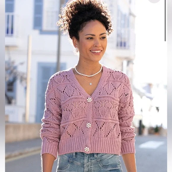 NWOT Lascana Pearl Button Crochet Cardigan Sweater in Mauve size 8-10 - Picture 4 of 16